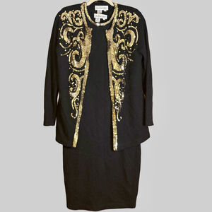 Vintage Outlander Petites Black Sequin Wool Dress & Jacket Set Women’s